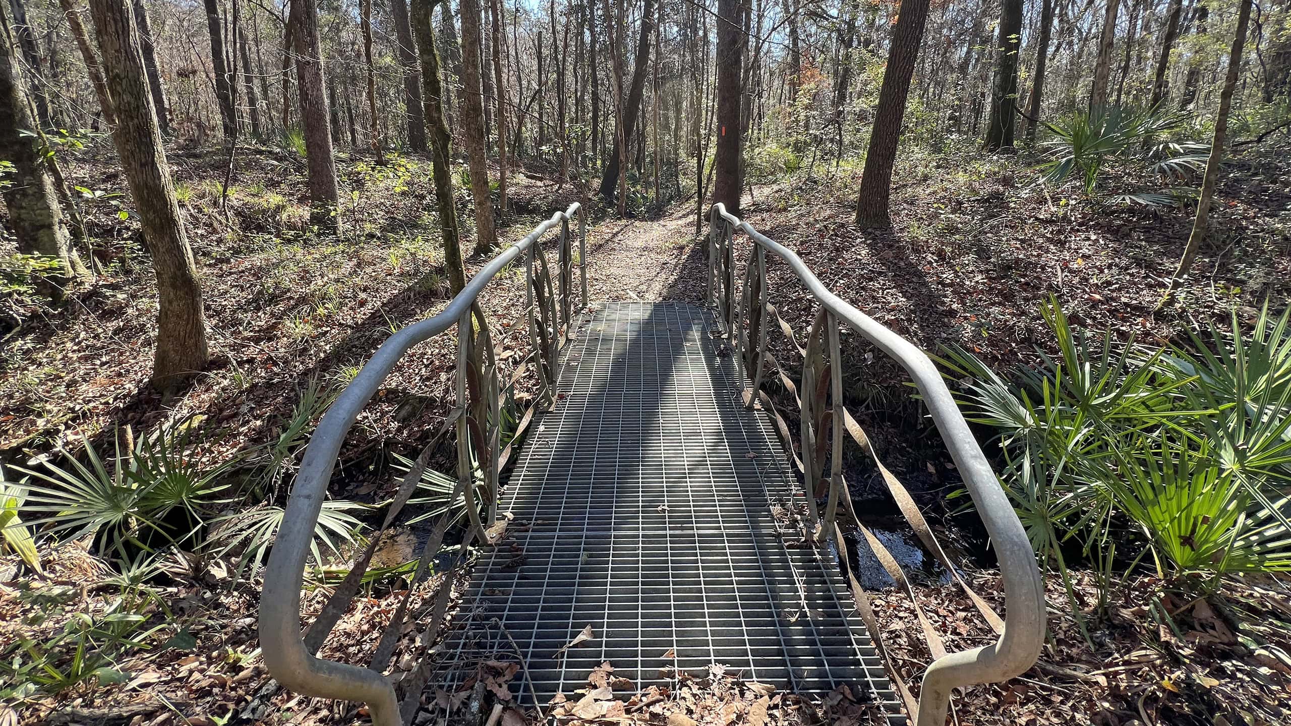 Fancy bridge with grated floor across a deep stream